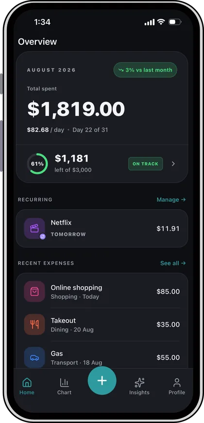 Finzy showing the month's total, recurring bills and recent expenses
