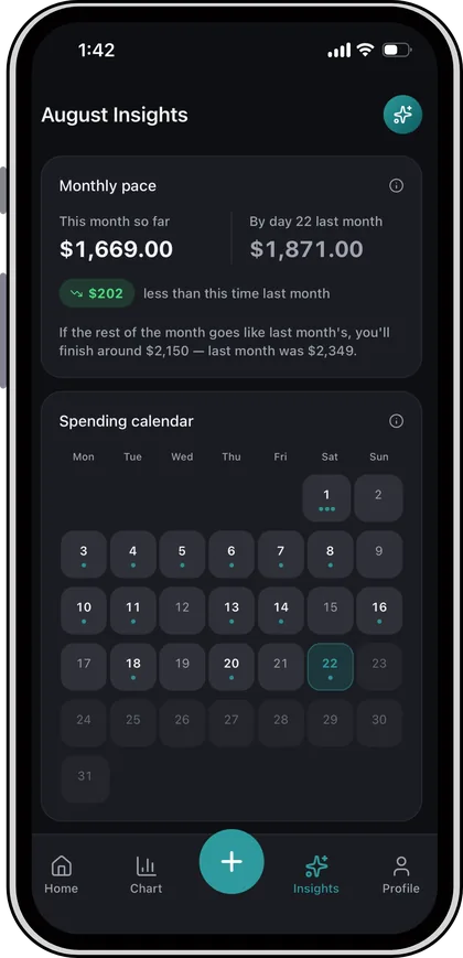 Insights screen showing this month's pace against last month and a spending calendar